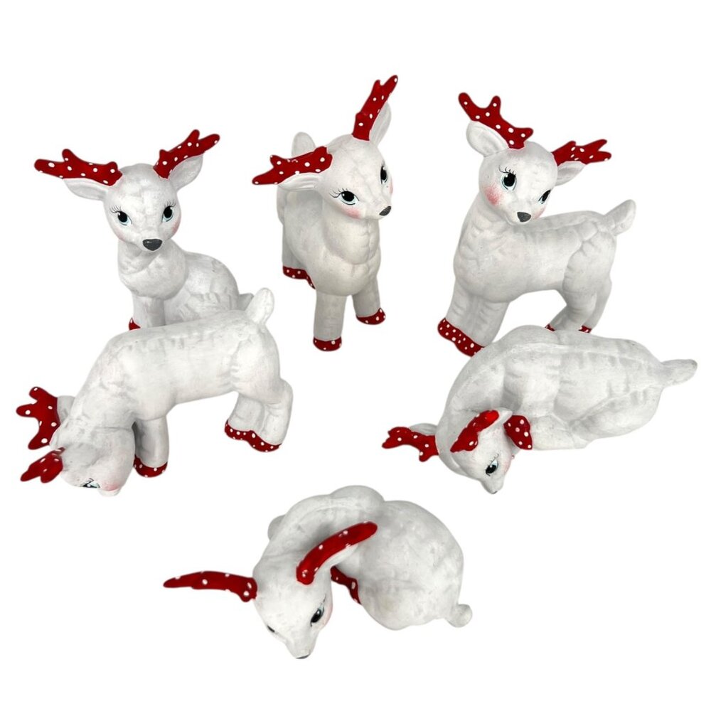 Kimple Vintage Set Of 6 White Red Ceramic Deer Figurines Dot Antlers Hooves